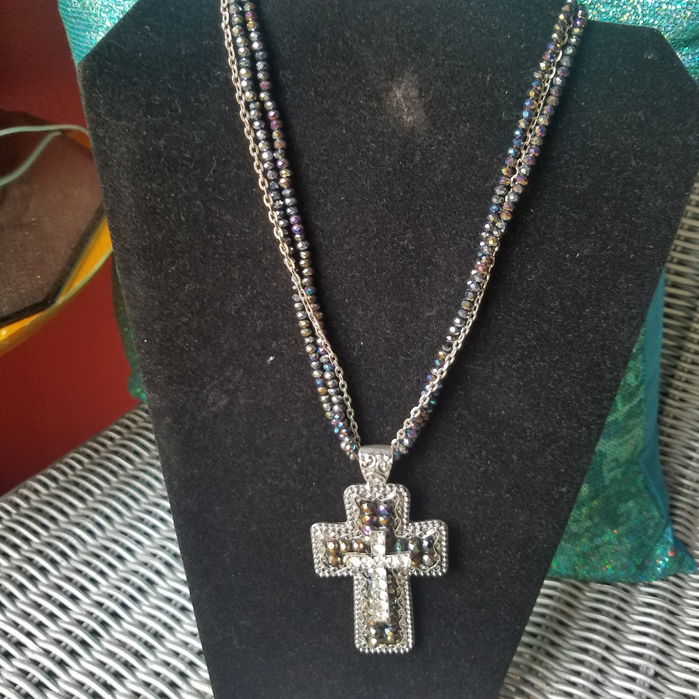 LARGE Rhinestone and beaded CROSS necklace ~ NEW